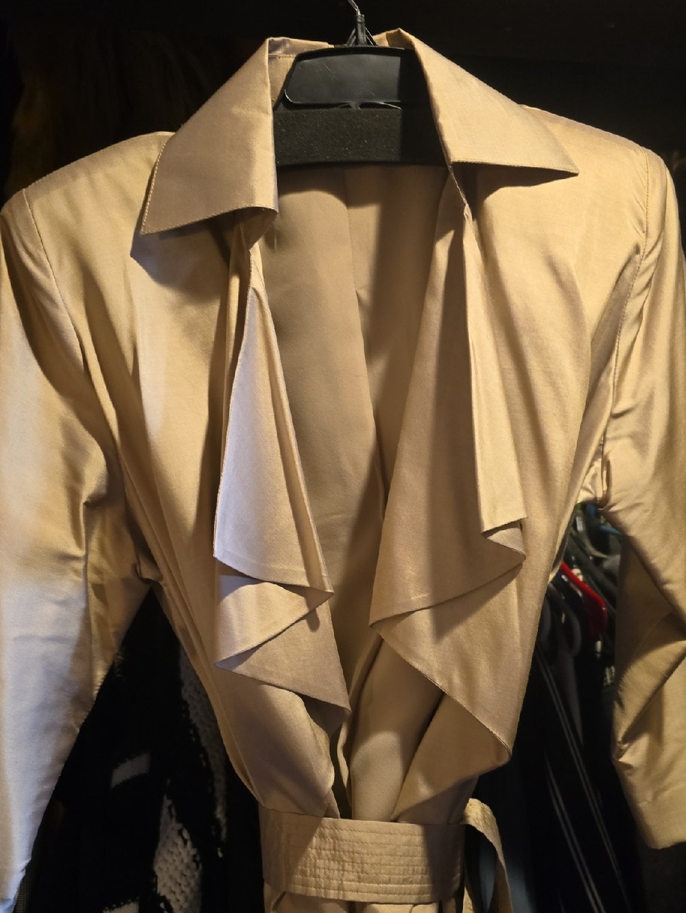 Light Beige Draped Front Belted 100% Silk Jacker 3/4 Sleeve